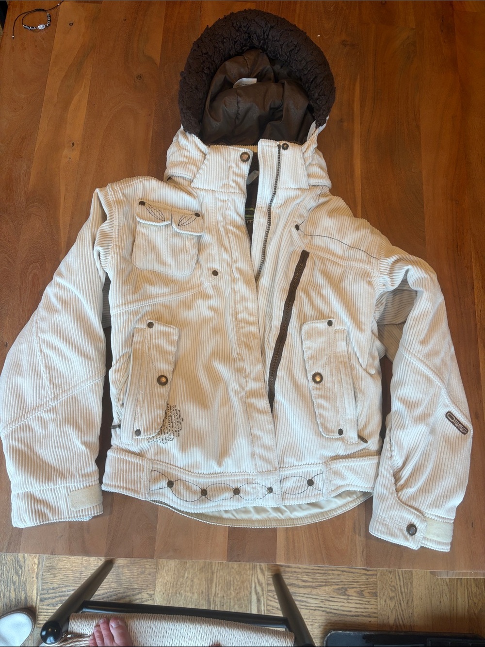 Obermeyer Cream Corduroy Hooded Winter Ski Jacket Coat